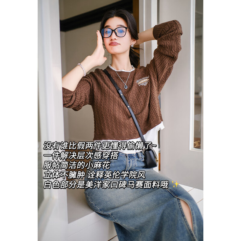 美洋（MEIYANG）凍頂烏龍針織衫羊毛麻花X黑技術速干復古刺繡假兩件時尚新款毛衣 卡其綠 L