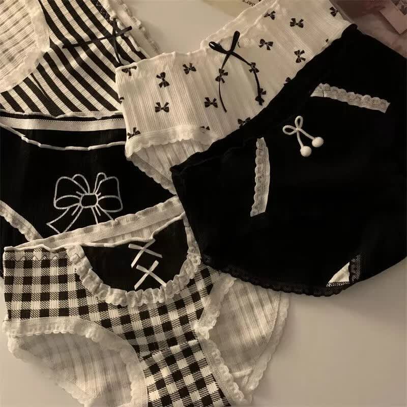 日系甜美少女新款内裤女黑白格子条纹蝴蝶结裆透气三角裤学生 5条装 M 建议65-85斤