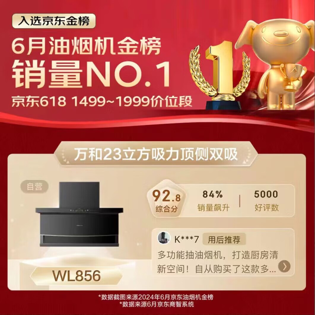 万和（Vanward）顶侧双吸油烟机7字型抽油烟机家用 23m3/min大吸力 智感热清洗 挥手感应大吸力单油烟机WL856