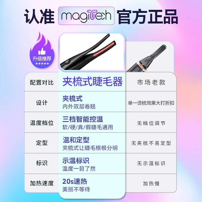 MAGITECH夹梳式电动睫毛夹电烫睫毛卷翘器迷你便携加热定型自然充电式新手卷翘神器 顶配款 10秒速热 防烫设计 智能温控