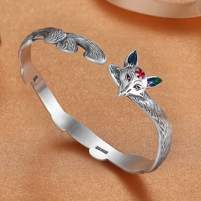 悦甜蜜九尾狐银手镯女9999足银复古实心开口简约民族风送女友节日礼物