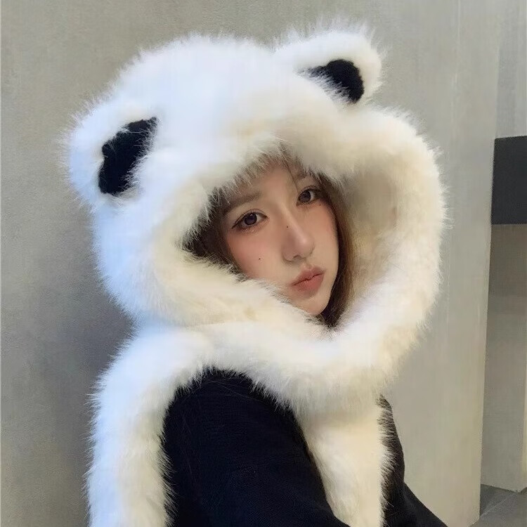 溪谷幽幽加厚毛绒绒狐狸耳朵帽子围巾一体秋冬季防寒保暖雷锋帽护颈显脸小 奶白色 均码（56-58cm）