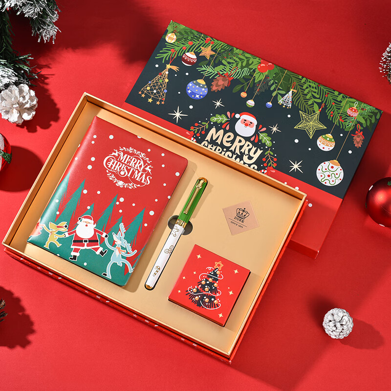 DUKE公爵圣诞系列钢笔墨水礼盒套装节日气氛时尚设计送小孩送朋友佳品流畅书写圣诞老人挂件套装三 【新品】圣诞笔记本套装（绿笔帽）