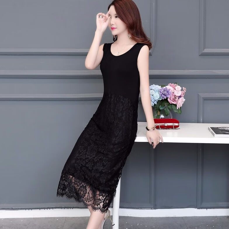 vjwk四十岁女人显气质雷丝连衣裙妈妈夏季新款蕾丝连衣裙无袖外穿背心