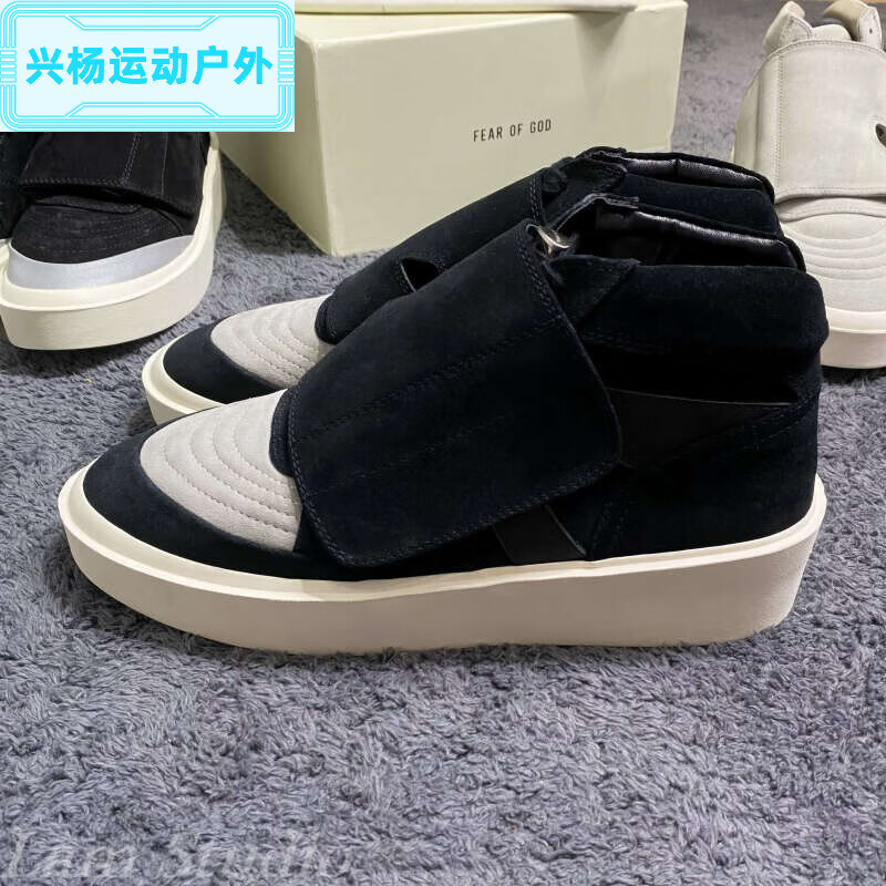 贺杨喻男鞋第六季skate mid魔术贴帆布鞋子男fog高帮板鞋男 黑灰 39