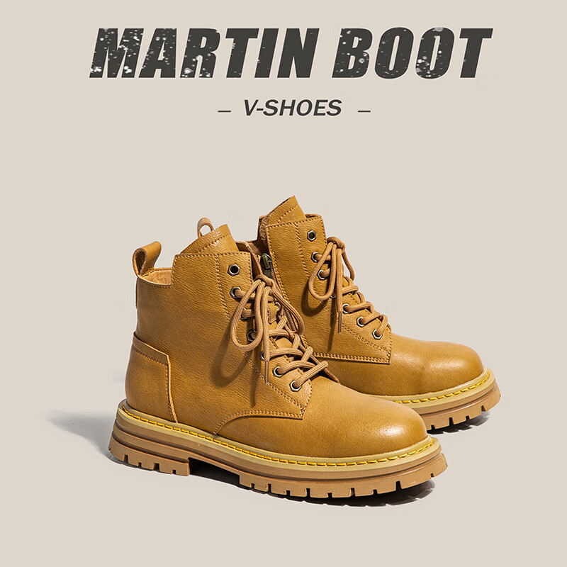 马丁靴男户外侧拉链秋季工装中帮靴子厚底增高踢不烂大黄靴潮舒适