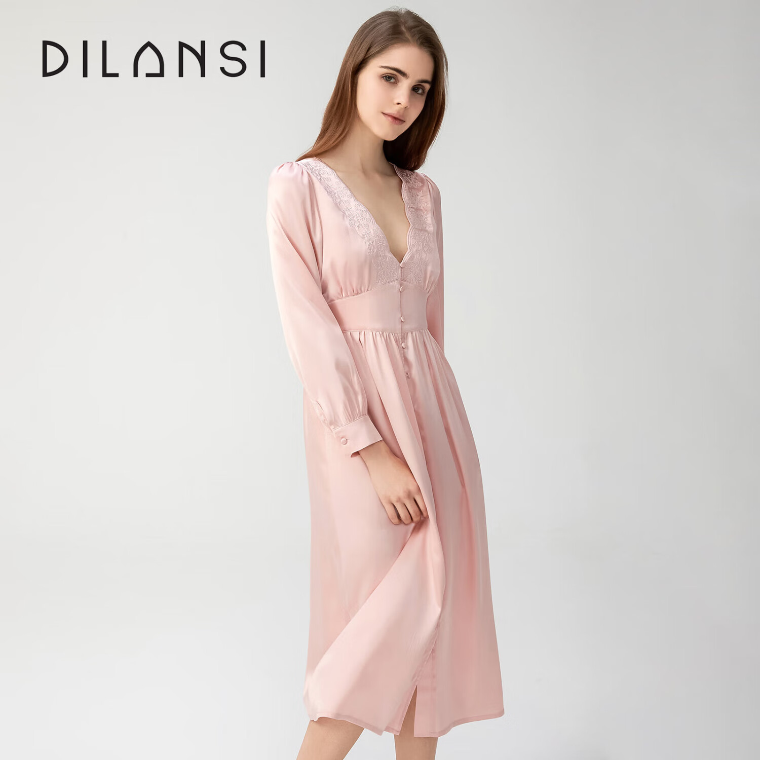 狄兰丝真丝睡裙女法式刺绣性感丝绸睡衣裙100%桑蚕丝睡衣新品中长裙v领 桃花粉（19姆米重磅真丝） L 建议115-130斤