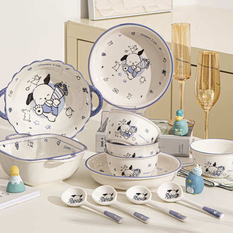 佩尔森釉下彩卡通陶瓷餐具碗碟套装家用碗盘筷餐具帕趣狗4人食12件套