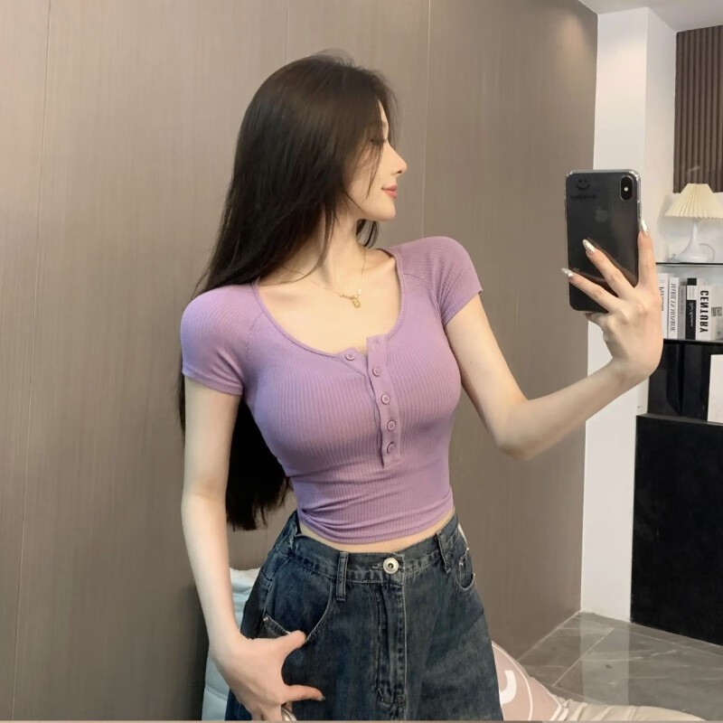 浮泽显身材多扣U领短袖女夏季新款百搭洋气紧身弹力t恤高腰辣妹上衣潮 淡紫色棉上衣 S