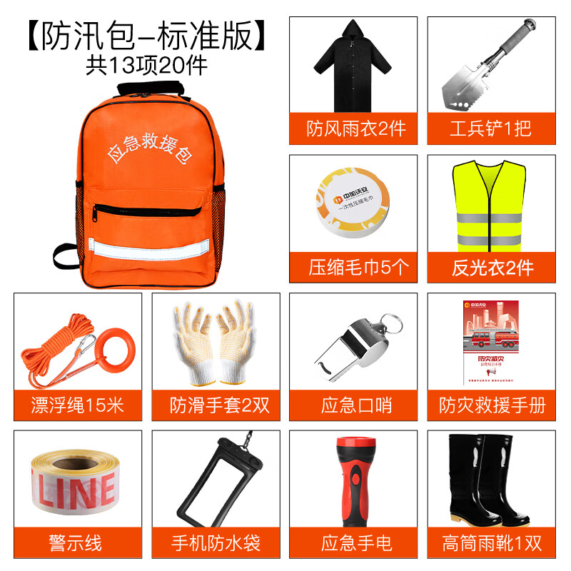 中加沃安（ZHONG JIA WO AN）防汛應(yīng)急救援包家用水災(zāi)救生背包防災(zāi)害抗洪物資套裝消防救災(zāi)裝備 標配-防汛應(yīng)急救援包丨13項共20