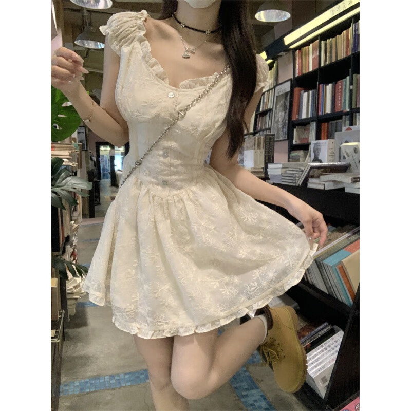 维绣衣清纯少女学院风刺绣蕾丝连衣裙短款小众设计感小个子短裙 白色