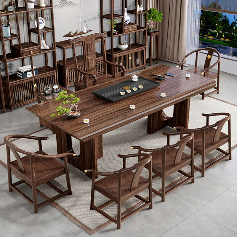 定舟乌金木实木茶桌椅组合一桌五椅原木茶几客厅家用办公室泡茶台茶桌 1.6米乌金木+1围椅4月牙椅+茶水柜