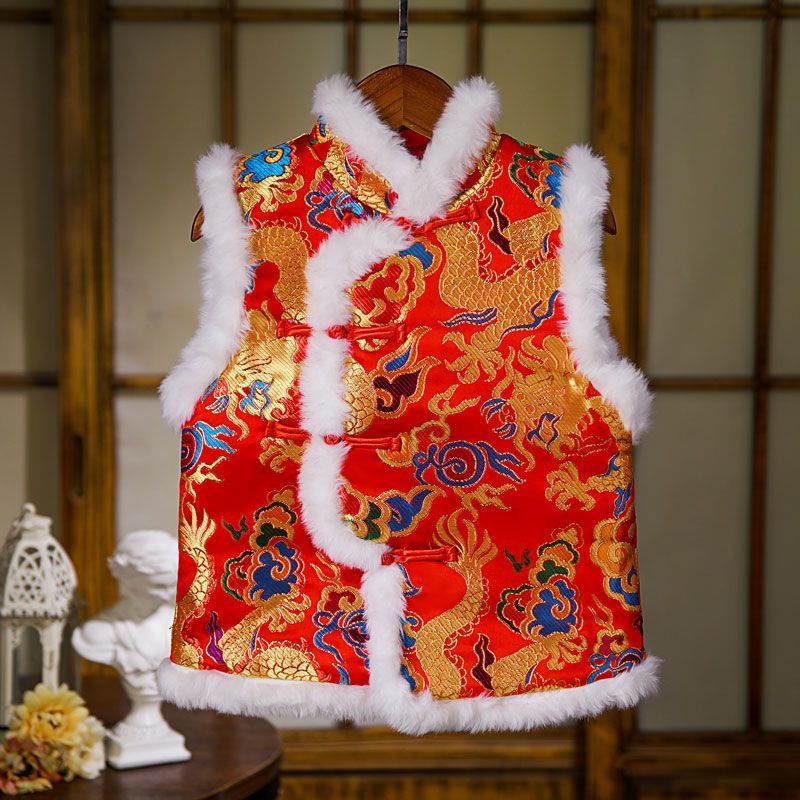 积极宝贝新款男童马甲背心外套无袖夹棉秋冬中国风唐装外套拜年服宝宝