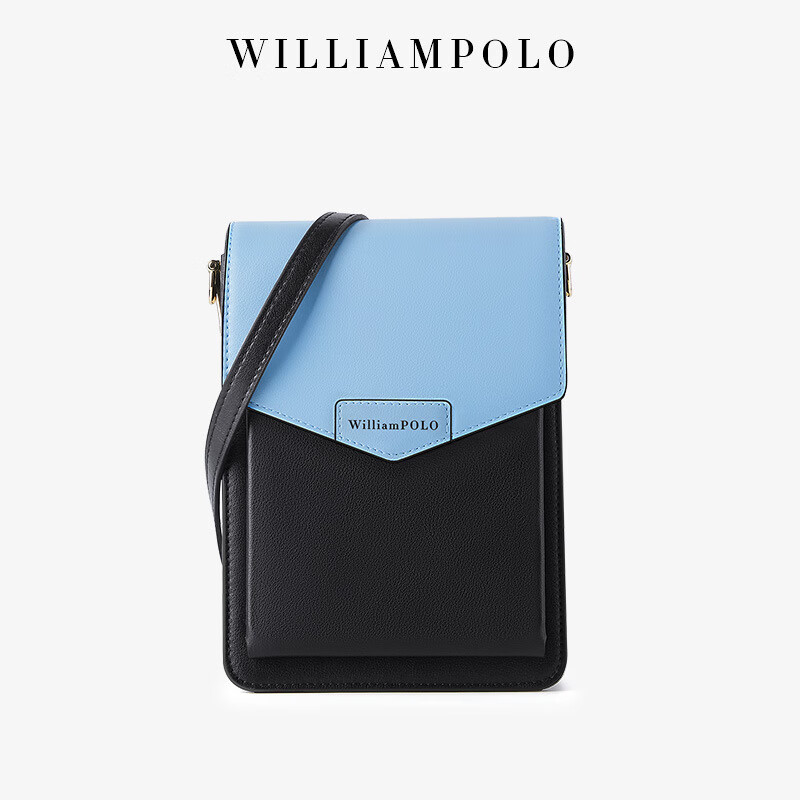 polo)真皮手机包女斜挎高级感包包2023新款潮迷你竖款小包 蓝配黑