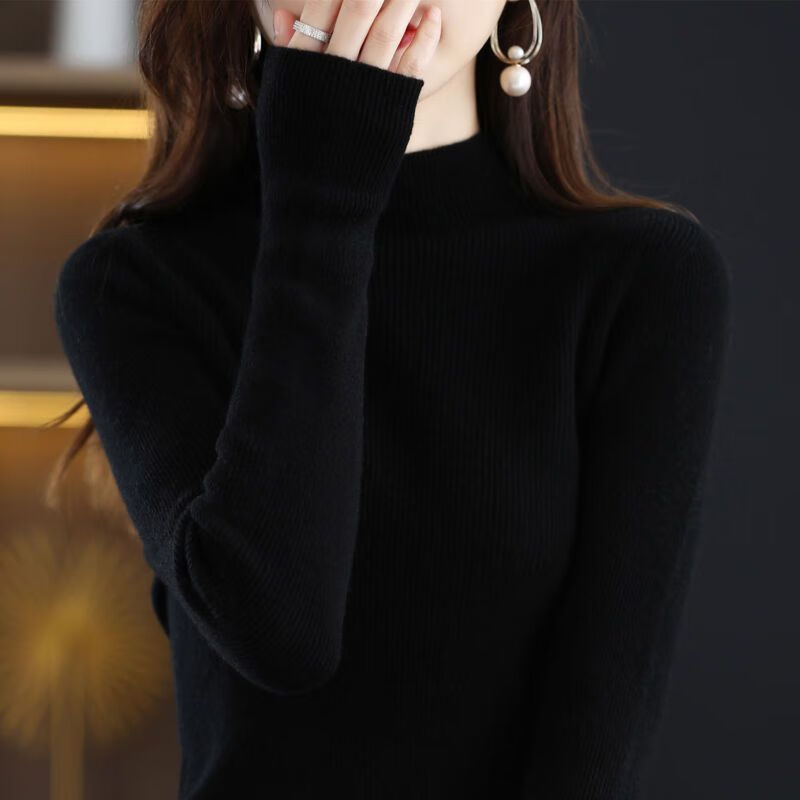 梵阕针织衫女秋冬新款修身显瘦打底衫紧身内搭毛衣女保暖可外穿上衣女 黑色 均码 -建议90-135斤