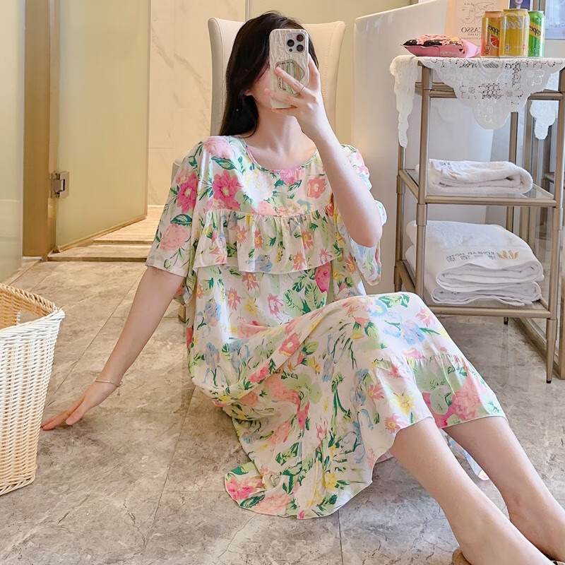 禾回防凸點(diǎn)睡裙女夏大碼棉綢裙子2025年新款綿綢睡衣寬松家居服免胸墊 五彩花 均碼 90-180斤