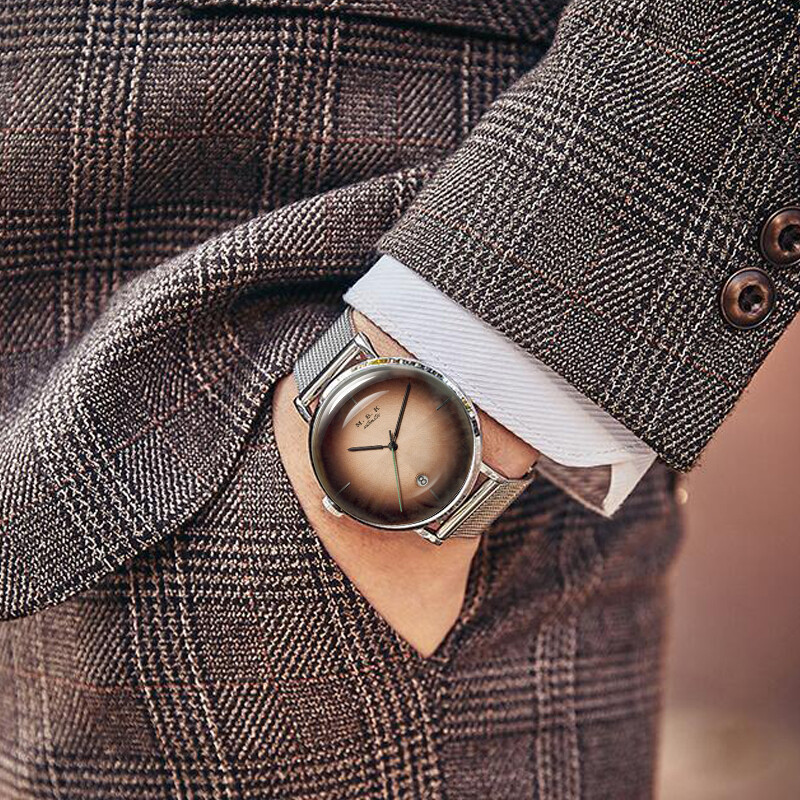 M.B.K美国品牌进口手表男士全自动机械男表3D镜面商务休闲防水男士腕表 钢壳咖面钢网带【进口机芯】