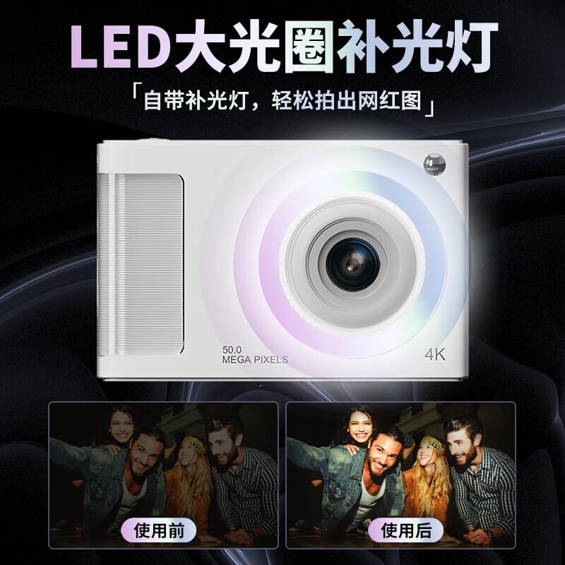 足象ccd相机 复古入门级学生4K高像素随身带小型平价新手照相机可传手机猫数码儿童相机照相机魂生日礼 太空银-LED补光灯【送32G内存卡】