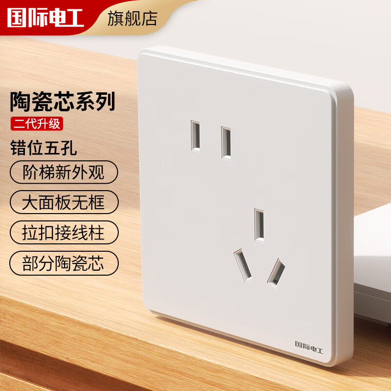 国际电工开关插座面板86型暗装白色陶瓷芯墙壁二三插五孔USB电源插座 错位五孔（陶瓷芯）