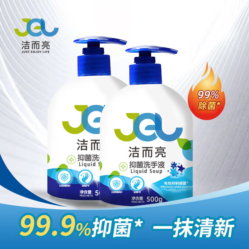 潔而亮抑菌洗手液500g 泡沫丰富易清洗 滋润温和儿童可用洗手液 [呵护您的健康 有效抑制细菌]2瓶