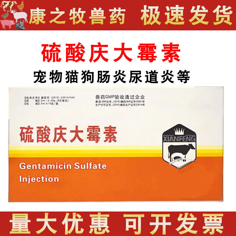 荣佳润庆大霉素针剂硫酸庆大霉素兽药兽用宠物猫狗用肠炎口服 1盒