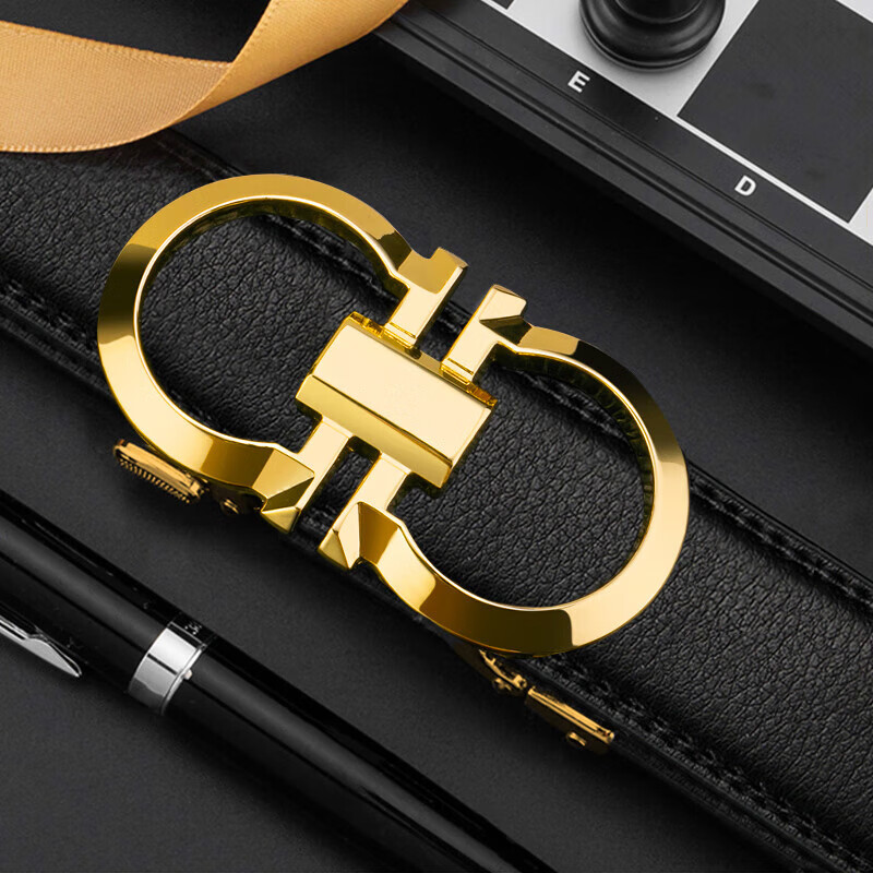 POACY男士皮带真牛皮 商务腰带男时尚裤带男款字母简约 礼物 PY02金色扣无字母 115cm 【裤码35-37】