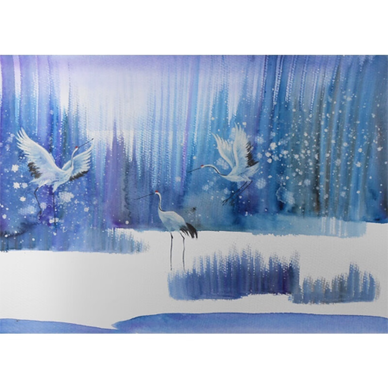 原创作品水彩画飞鸟简约现代纯手绘4k水粉色彩水彩星空水彩画代画