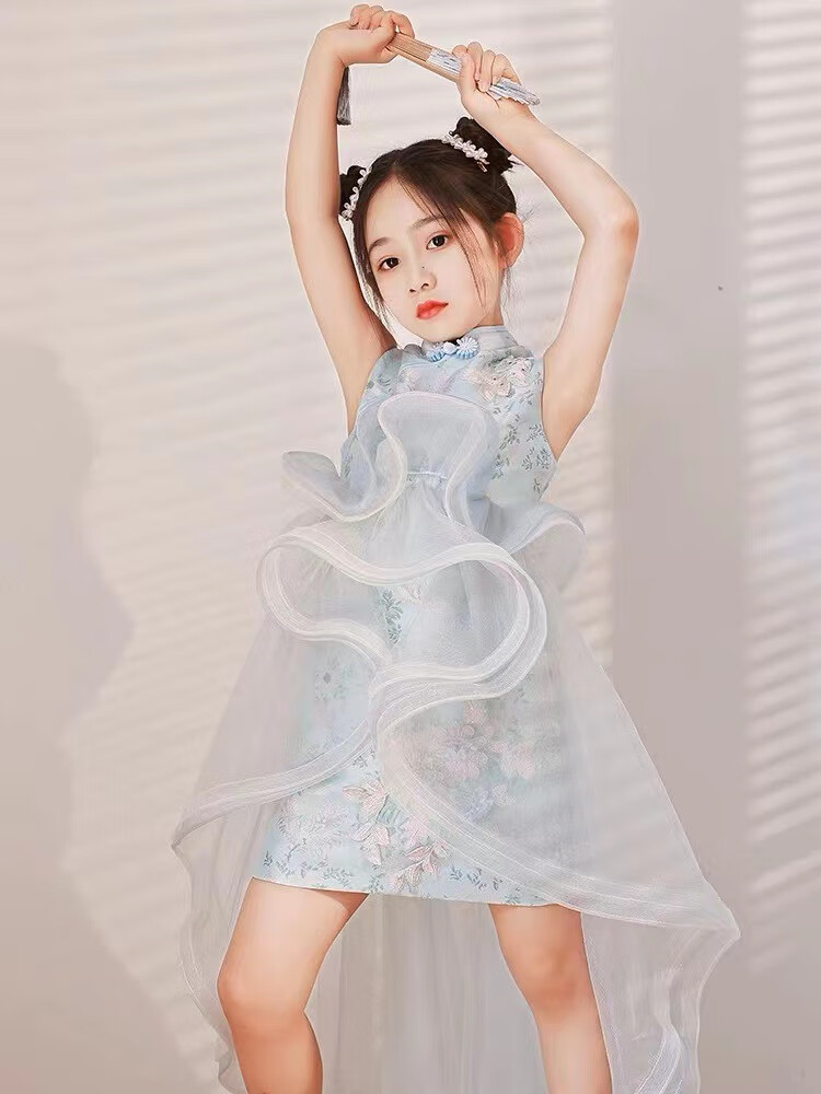 迪士尼春夏季童装儿童旗袍中国风女童模特走秀演出礼服小女孩改良国潮