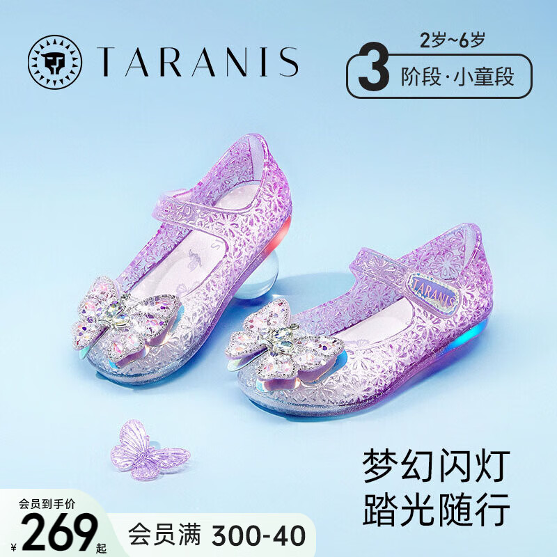 泰兰尼斯夏季新款儿童凉鞋水晶果冻鞋女童闪灯鞋小女孩公主鞋洋气 紫/白 28码 内长18.0cm适合脚长17.0cm
