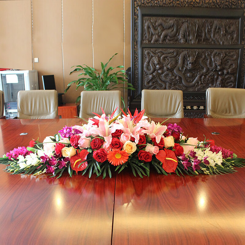 君撷台式餐桌插花装饰花红掌蝴蝶兰会议室桌花商务用花长桌办公室摆花