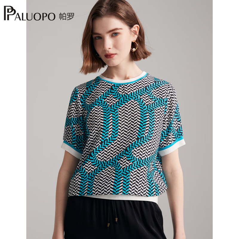帕罗（PALUOPO）双绉新款真丝短袖体恤女士圆领印花100%桑蚕丝休闲百搭t上衣 黑蓝 L (165/88A)
