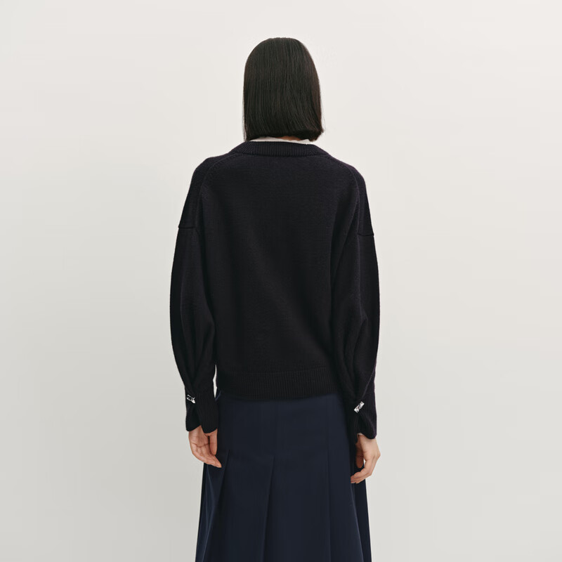 OVV秋冬热卖女装V领袖口活动金属扣羊毛长袖针织衫 藏青 S