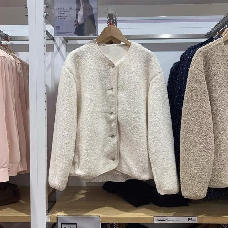 楠语秋艾米出品女装冬季羊羔绒摇粒绒圆领长袖保暖抓绒开衫外套461660 乳白色 S