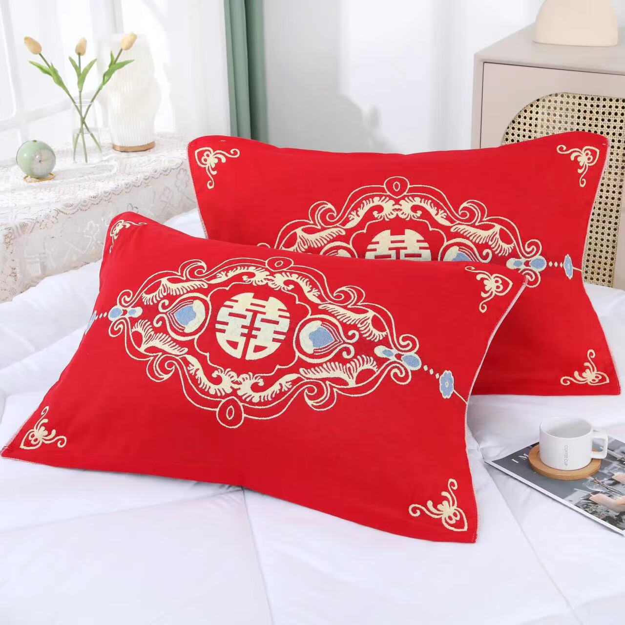 结婚枕巾三层纱布大红色枕头巾成人礼品多款花型两条代发 珠联璧合