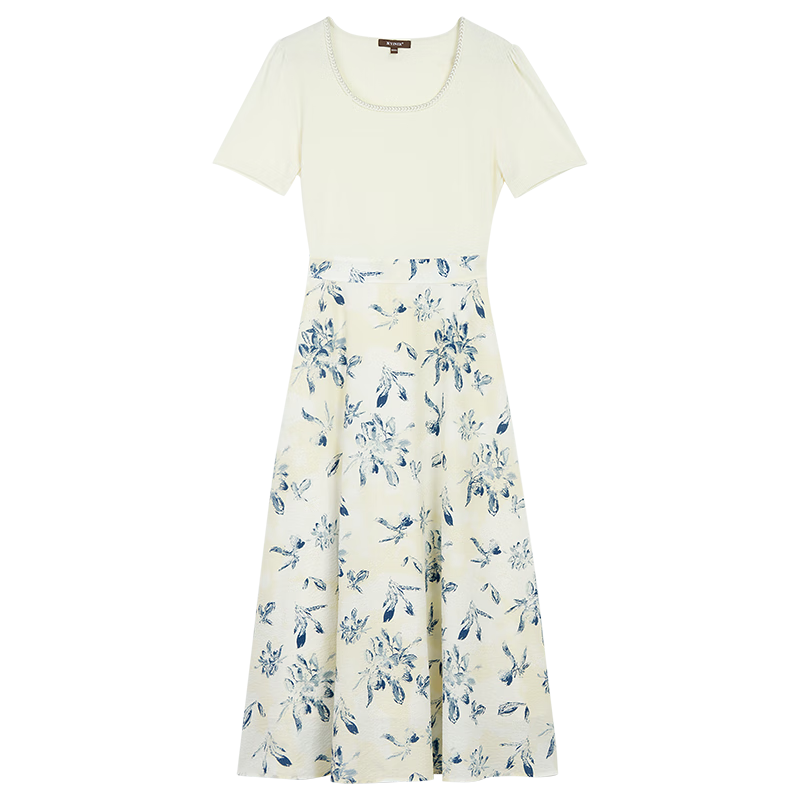 音兒（YINER）專(zhuān)選夏季女裝法式針織拼接氣質(zhì)印花連衣裙 鵝黃 S 36