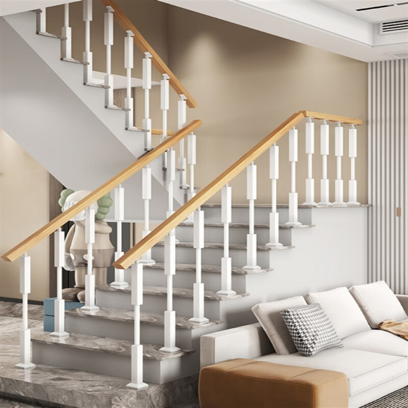 护栏阳台安全围栏立柱简约家用欧式室内铁 实木扶手黑白其他颜色可选