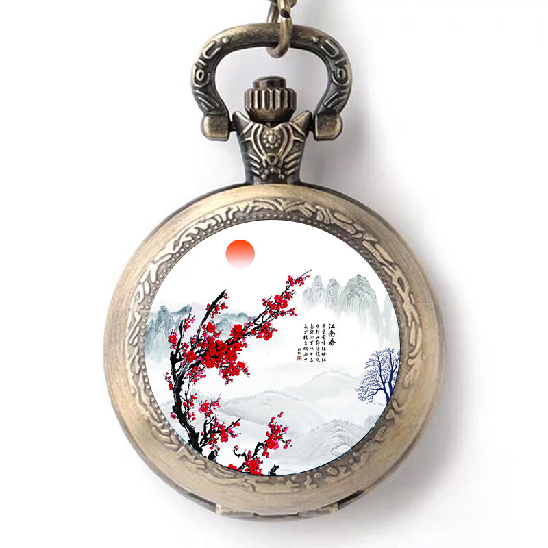 anglang中国风水墨画手表儿童挂链男女礼品怀旧复古石英怀表圆形表