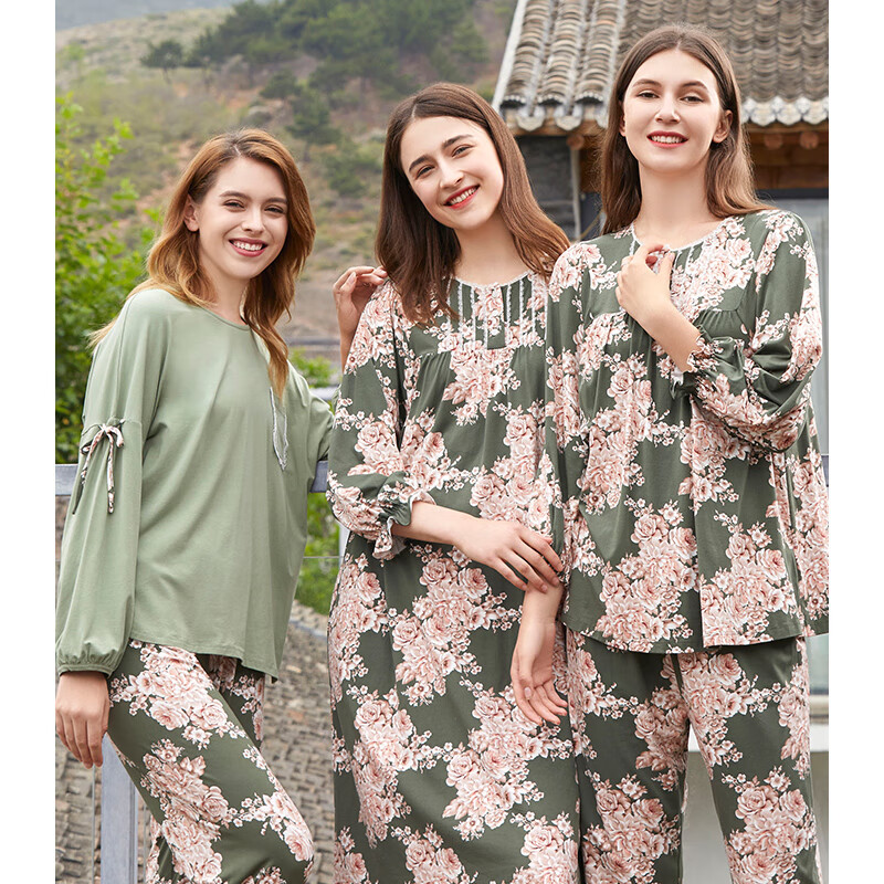 绮瑞女士可外穿家居服春秋莫代尔棉大码睡衣长袖国风文艺妈妈秋款 绿色 L(适合105-125斤)