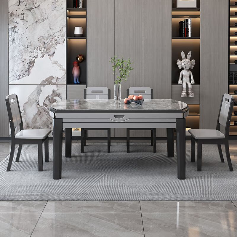 梵森荣2026新款岩板餐桌椅组合现代简约家用带电磁炉可伸缩方圆两用饭桌 黑白+雪山白亮光 1.35m  +8餐椅(皮椅)