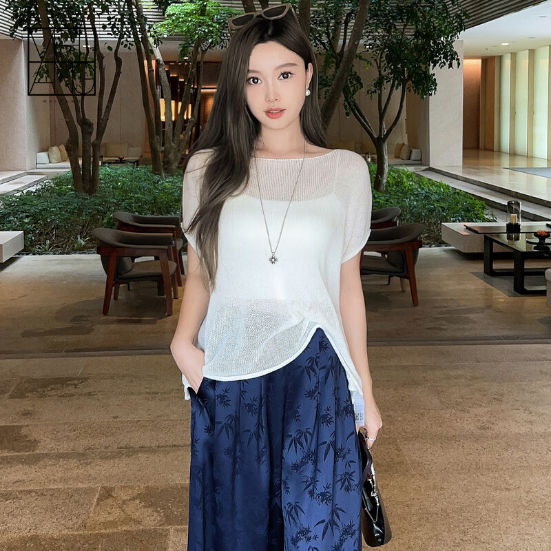 美洋（MEIYANG）甜筒亞麻針織衫UPW聯(lián)名系列清新紙片人背心短袖罩衫夏季新款上衣 白色 L