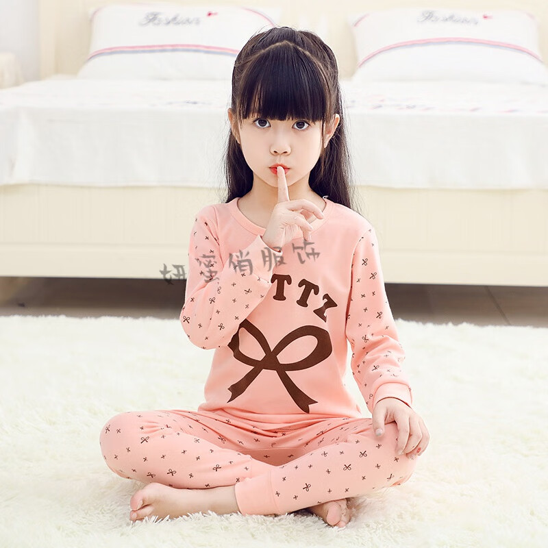 妍密俏秋冬新款儿童纯棉秋衣秋裤男女童内衣套装2026中小童棉毛睡衣 DX棉毛套橘粉蝴蝶结 100码建议身高90cm-100cm左右