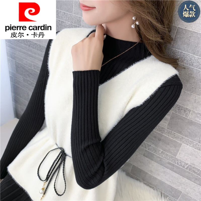 皮尔卡丹（pierre cardin）品牌女装潮流 2025春秋新款绒背心马甲女V领无袖针织衫系带收腰 白色单件马甲 3XL