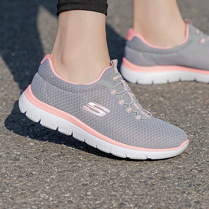 斯凯奇（Skechers）女鞋夏季2025新款软底网面鞋休闲运动妈妈鞋一脚蹬穿脱老人健步鞋 灰色/粉红色-GYPK 38