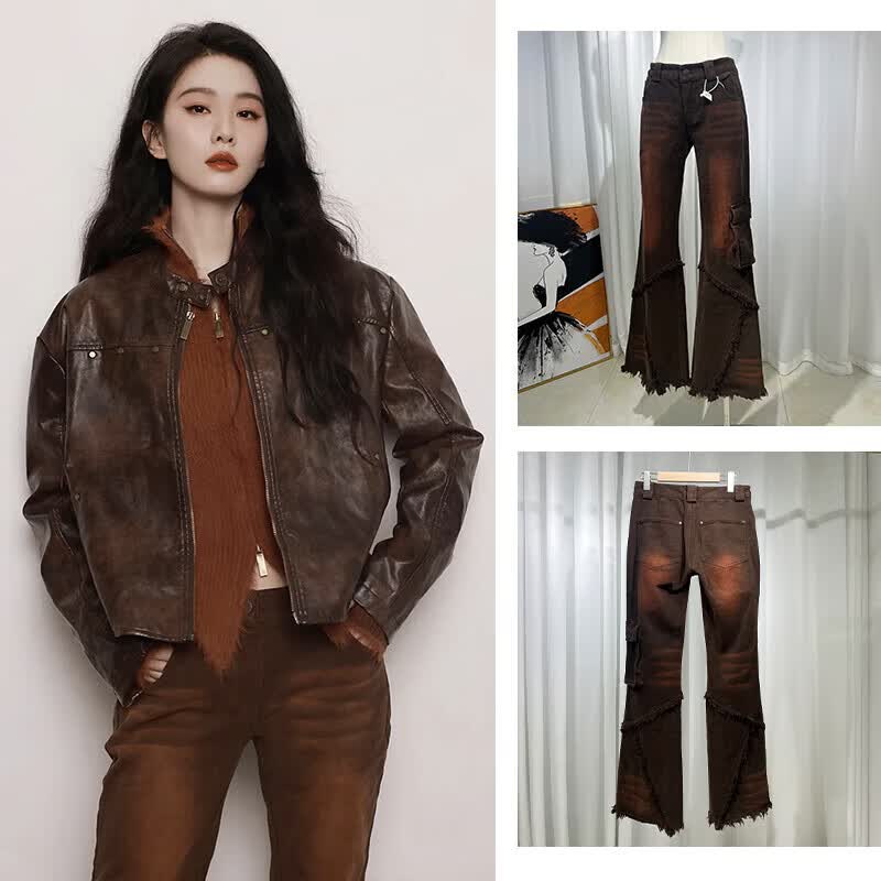 德风穿搭同款衣服拼接毛边牛仔裤美式复古小众低腰喇叭 棕咖色喇叭裤