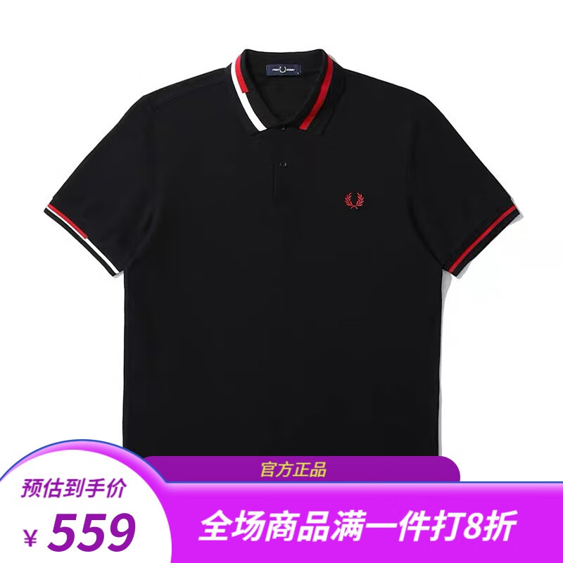 Fred PerryFRED PERRY 男士POLO衫2022春季新款棉麦穗修身短袖休闲潮流 黑色 L