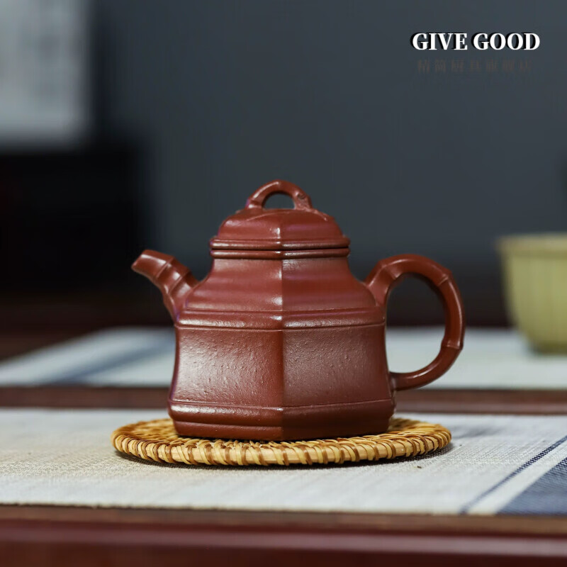 givegood宜兴全手工原矿紫砂壶余美珍朱泥大红袍方器六方竹鼎壶 红色