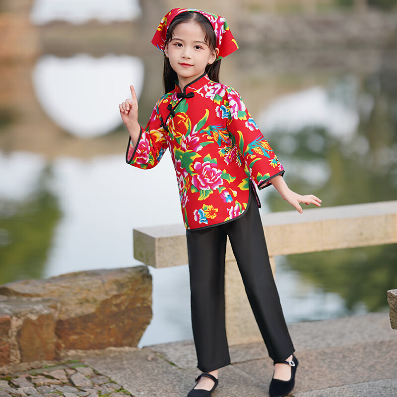 项芽东北大花布衣服女童村姑服二人转表演出服装儿童装搞笑秧歌服套装