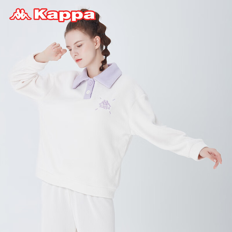 KAPPA卡帕睡衣女2025新款冬季加绒保暖长袖宽松潮流翻领家居服上衣 紫色 M 建议(90-105斤)
