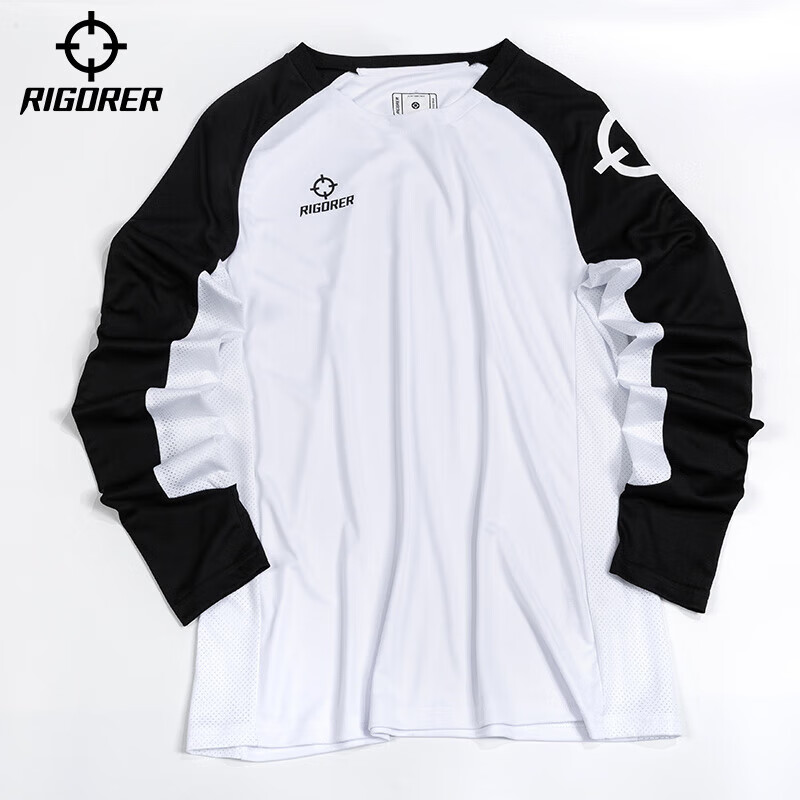 准者（RIGORER）运动长袖t恤男春夏款速干衣跑步训练健身上衣圆领宽松透气打底 纯白黑【常规版】 L