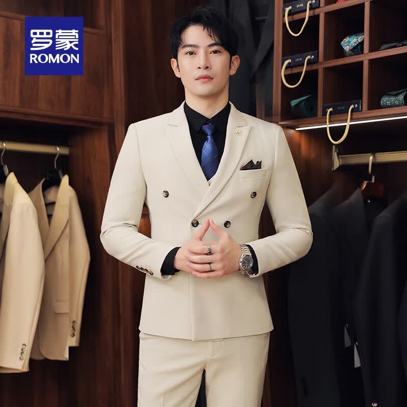 罗蒙男士休闲西服套装春季新款结婚商务西装修身百搭职业西服 米色 M (165) （适合95-105斤）